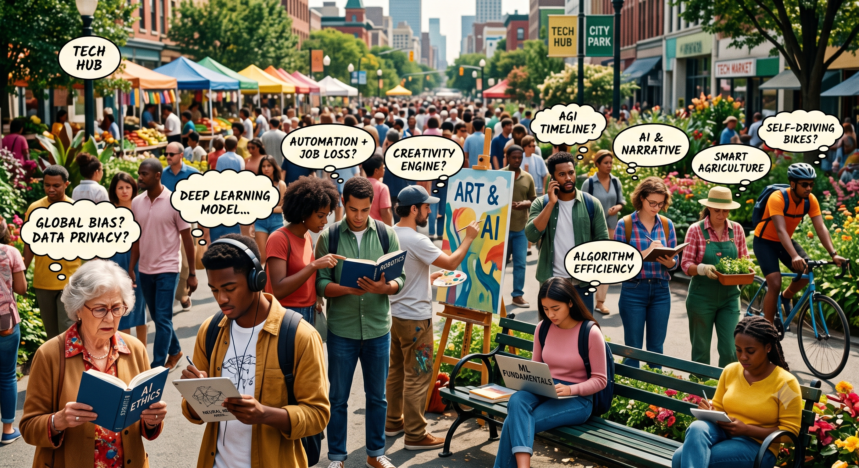 people at an outdoor gathering all thinking about different things related to AI