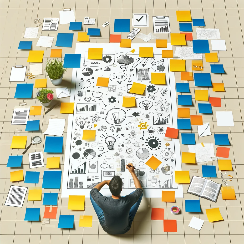 a person sitting on the floor having drawn lots of interesting pictures with post-its and other work things around them