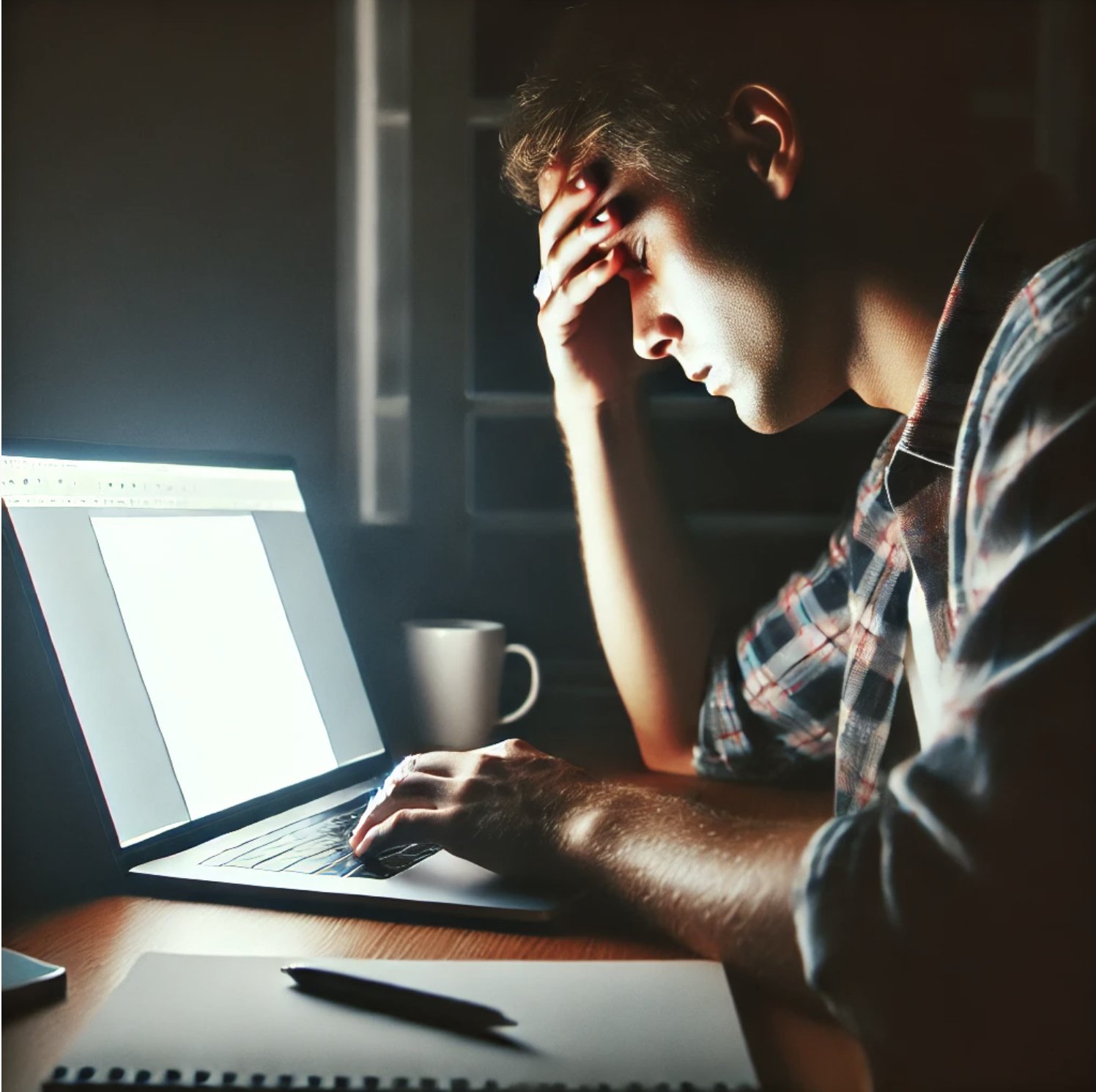 a man in front of his laptop with his hand on his forehead looking stressed