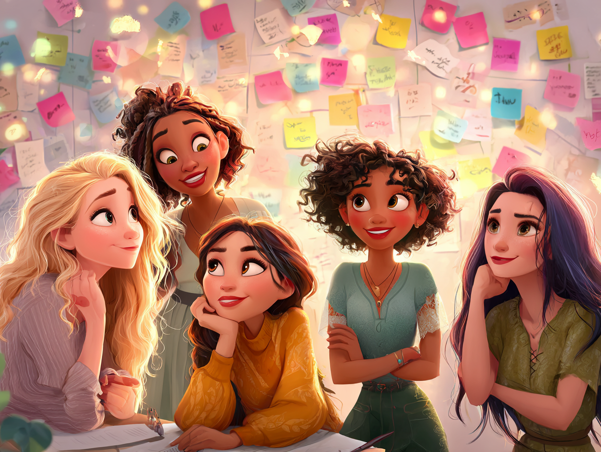pixar style women in conversation and post-it notes