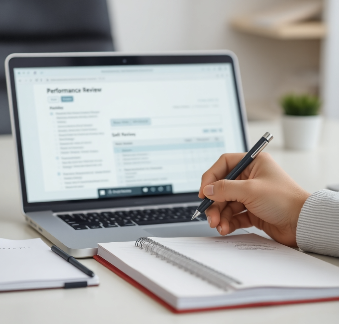 hand writing in a notebook with a computer in front that says self review