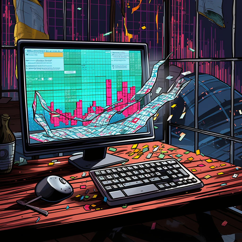a spreadsheet being pulled off of a computer with an ominous scene in the background graphic sketch style