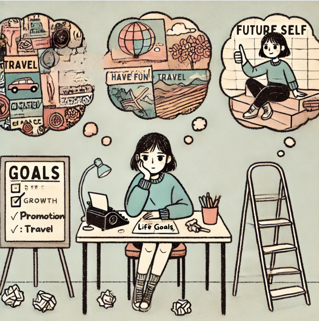 a person at her table with speech bubbles and inside the bubbles are images of her life goals